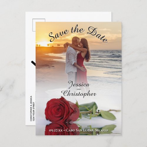 Wedding Save the Date Red Rose Photo Overlay Black Announcement Postcard