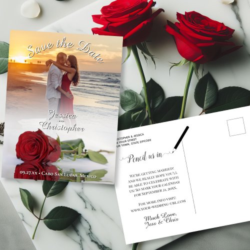 Wedding Save the Date Red Rose Photo Overlay White Announcement Postcard