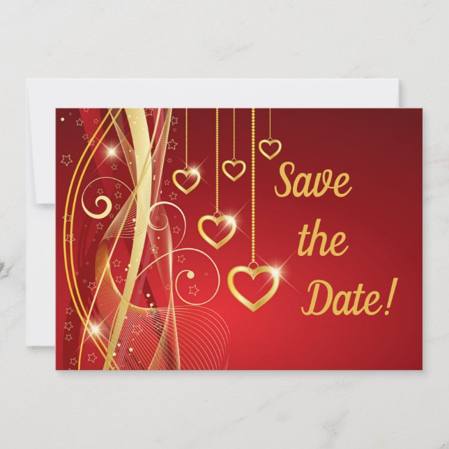 Wedding Save the Date Romantic Red Gold Hearts (Front)
