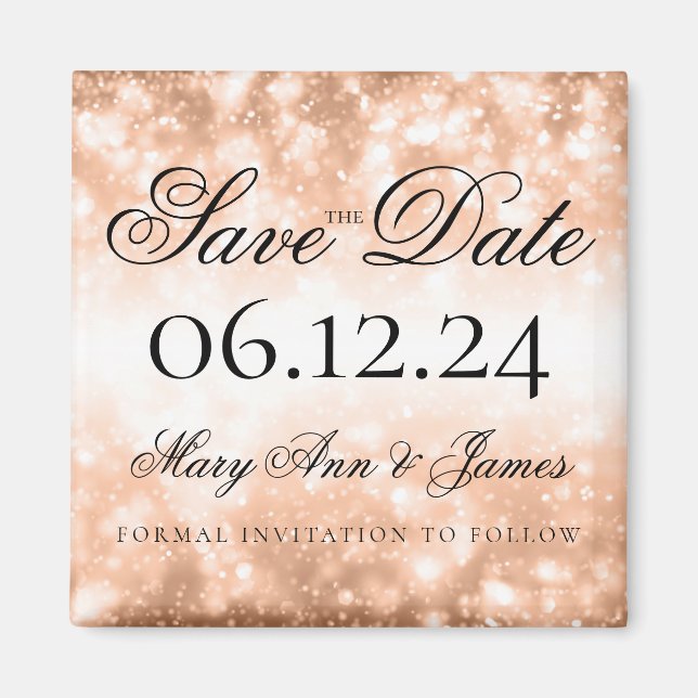 Wedding Save The Date Rose Gold Shimmer Lights Magnet (Front)