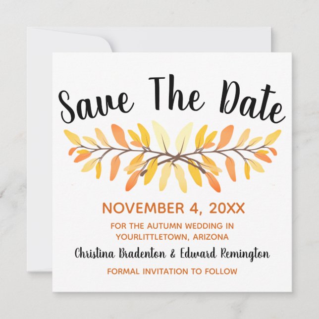 Wedding Save The Date Rustic Minimal Autumn Leaves Announcement (Front)