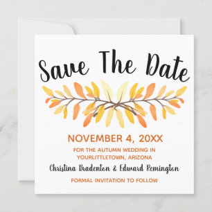 Wedding Save The Date Rustic Minimal Autumn Leaves Announcement