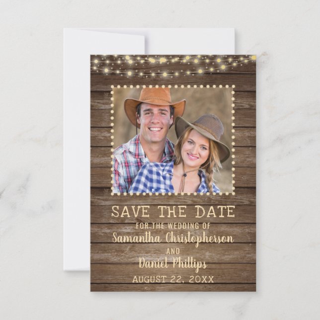 Wedding Save the Date Rustic Wood Lights Photo (Front)