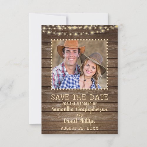 Wedding Save the Date Rustic Wood Lights Photo