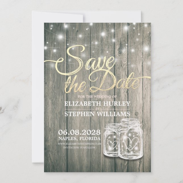 Wedding Save The Date Rustic Wood Mason Jar Lights (Front)