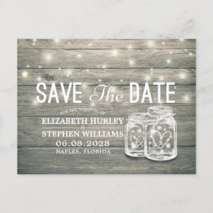 Wedding Save The Date Rustic Wood Mason Jar Lights Announcement Postcard