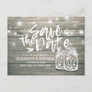 Wedding Save The Date Rustic Wood Mason Jar Lights Announcement Postcard
