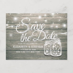 Wedding Save The Date Rustic Wood Mason Jar Lights Announcement Postcard