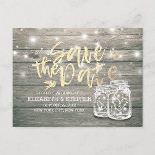 Wedding Save The Date Rustic Wood Mason Jar Lights Announcement Postcard