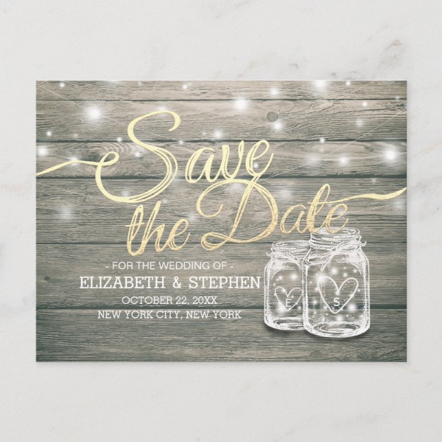 Wedding Save The Date Rustic Wood Mason Jar Lights Announcement Postcard (Front)