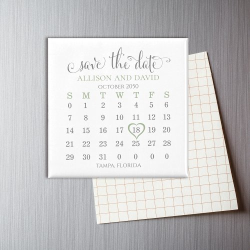 Wedding Save the Date Sage 5 Rows Green Calendar  Magnet