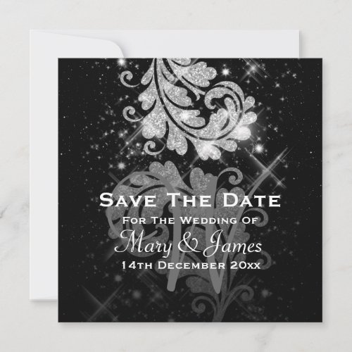 Wedding Save The Date Silver Glitter Floral Swirl