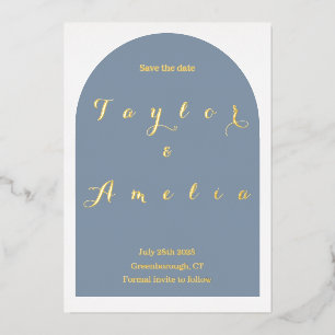 Wedding Save the Date Simple Dusty Blue Arch Real Foil Invitation