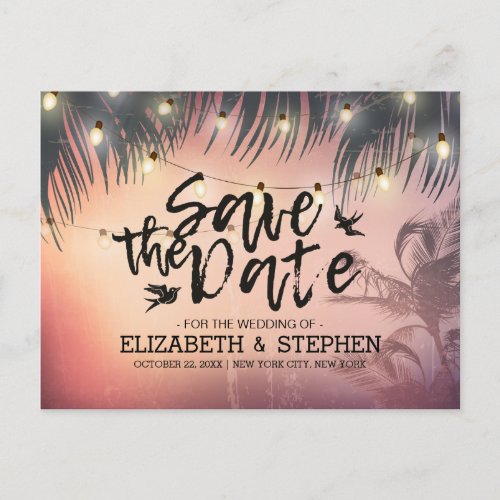 Wedding Save The Date Summer Beach Palm Tree Light Announcement Postcard