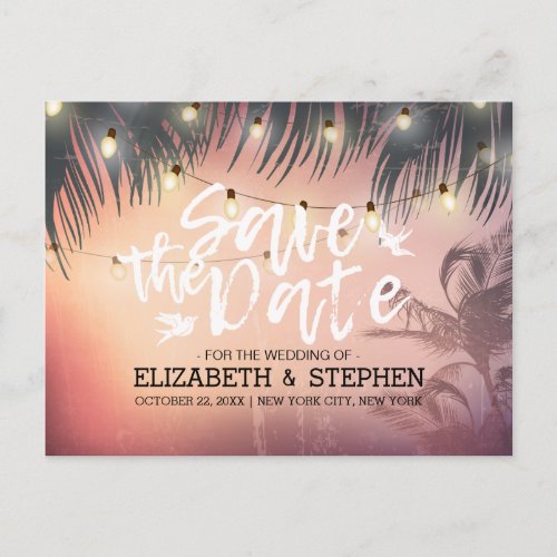 Wedding Save The Date Summer Beach Palm Tree Light Announcement Postcard