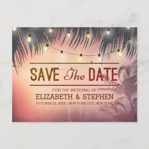 Wedding Save The Date Summer Beach Palm Tree Light Announcement Postcard