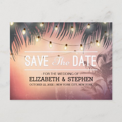 Wedding Save The Date Summer Beach Palm Tree Light Announcement Postcard