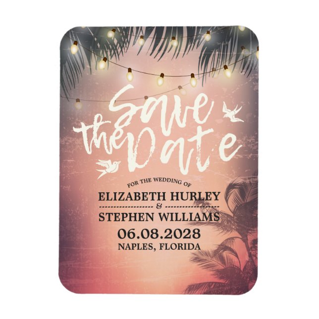 Wedding Save The Date Summer Beach Palm Tree Light Magnet (Vertical)