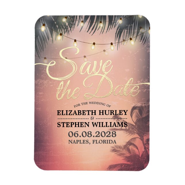 Wedding Save The Date Summer Beach Palm Tree Light Magnet (Vertical)