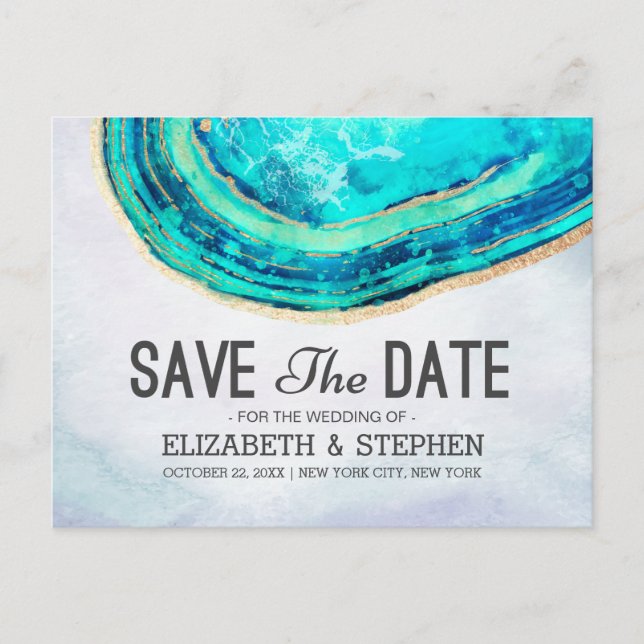 Wedding Save The Date Teal Gold Agate Geode Slice Announcement Postcard (Front)