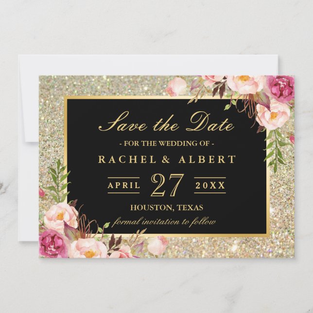 Wedding Save the Date | Trendy Gold Glitter Floral (Front)