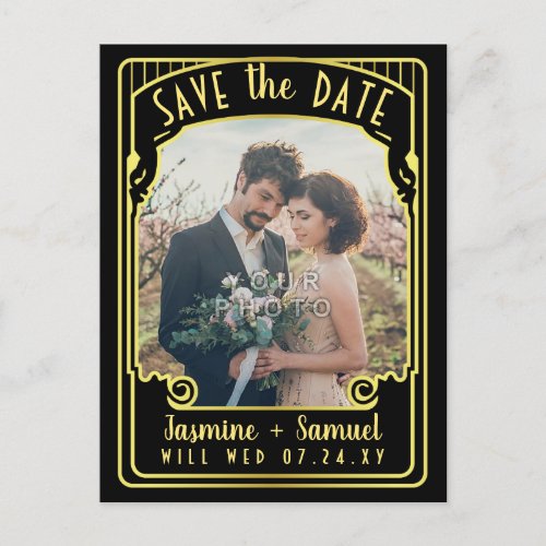 Wedding Save the Date Vintage Black Art Deco Photo Announcement Postcard