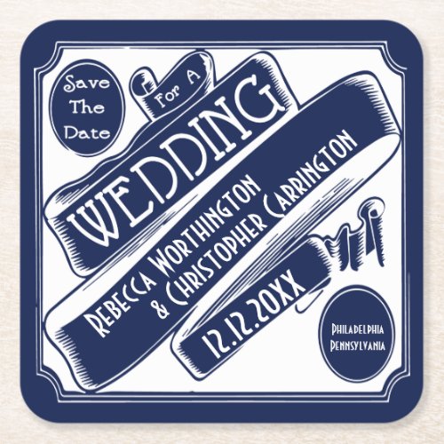 Wedding Save The Date Vintage Classic WhiteBlue Square Paper Coaster