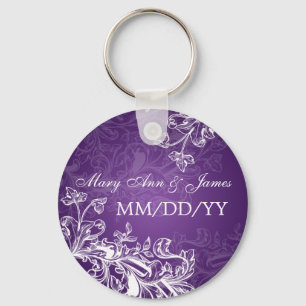 Wedding Save The Date Vintage Swirls Purple Keychain