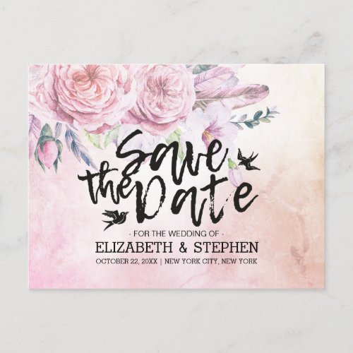 Wedding Save The Date Watercolor Floral  Feathers Announcement Postcard