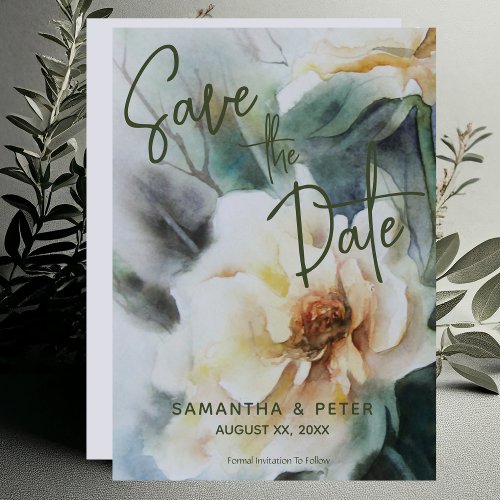 Wedding Save The Date Watercolor Roses Sage Green Invitation