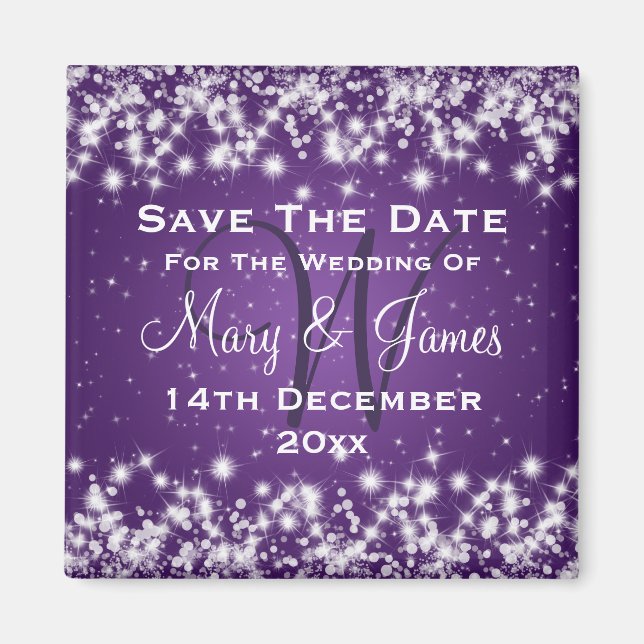 Wedding Save The Date Winter Sparkle Purple Magnet (Front)