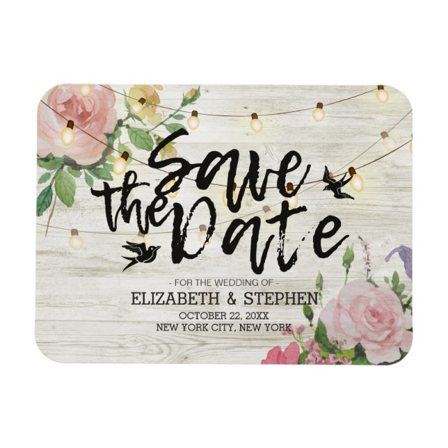 Wedding Save The Date Wood Flowers String Lights Magnet (Horizontal)