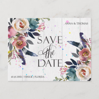 Wedding Save The Dates | Boho Blue & Misty Rose Announcement Postcard
