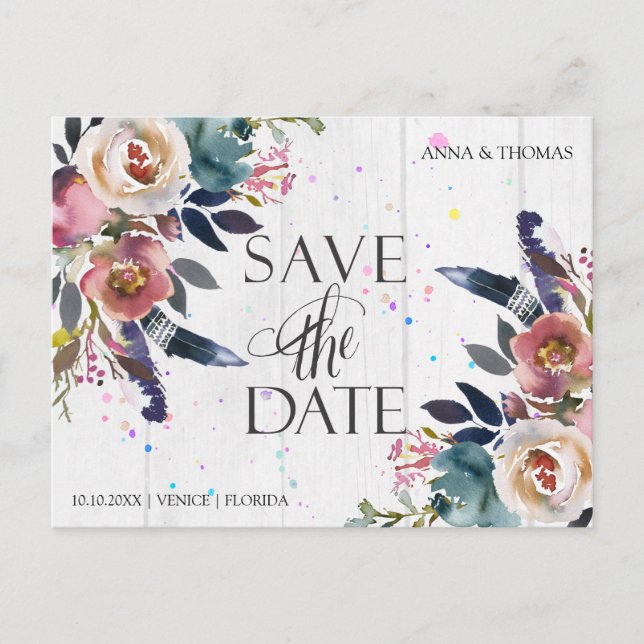 Wedding Save The Dates | Boho Blue & Misty Rose Announcement Postcard (Front)