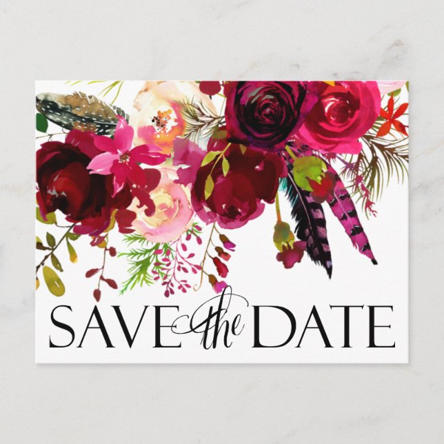 Wedding Save The Dates | Floral Boho Announcement Postcard (Front)