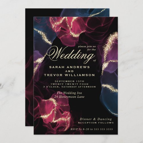 Wedding   Scarlet Violet Blue Alcohol Ink Invitation