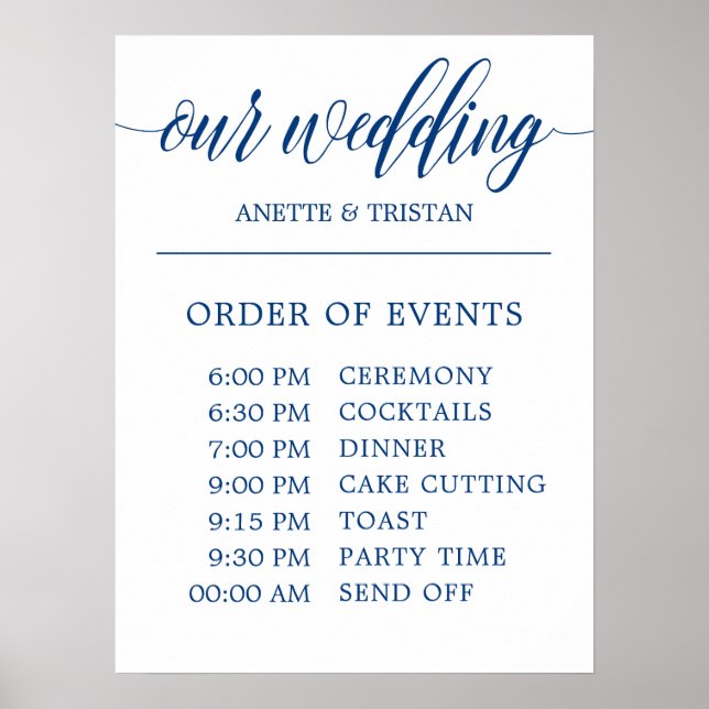 Wedding Schedule Sign in Navy Blue Calligraphy (Front)