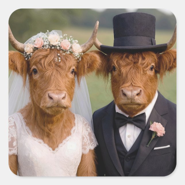 Wedding Scottish Highland Cows Square Sticker (Front)
