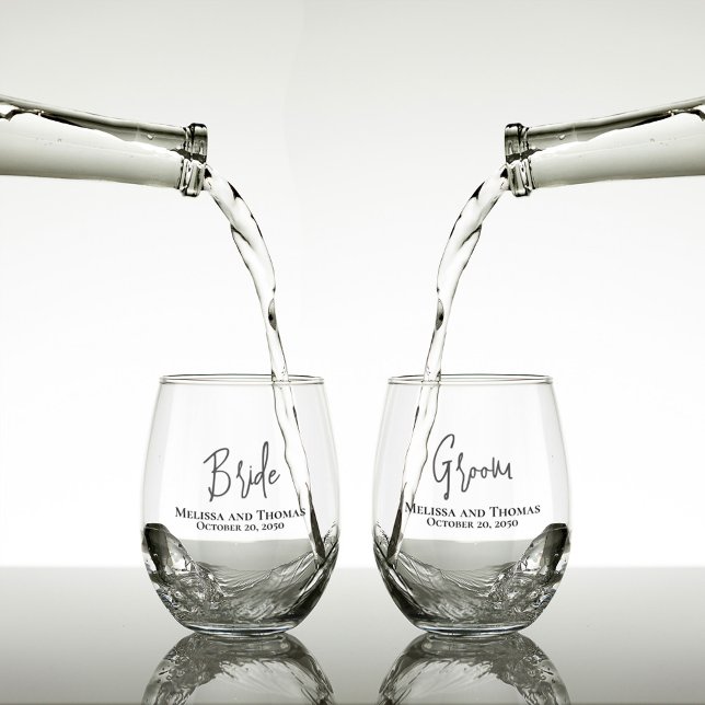 Wedding Script Bride Groom Personalized Stemless Wine Glass (Bride and groom script custom stemless wine glasses.)