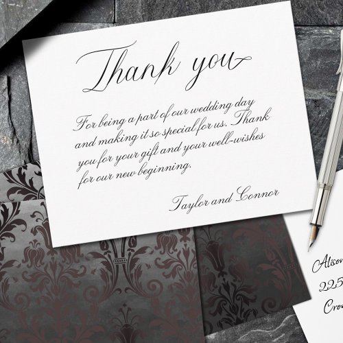 Wedding Script Calligraphy Burgundy Gray Damask Thank You Card