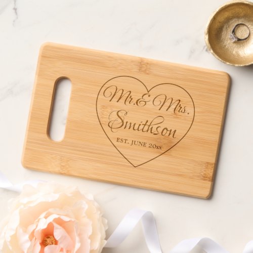 Wedding Script heart Custom surname Mr Mrs year Cutting Board