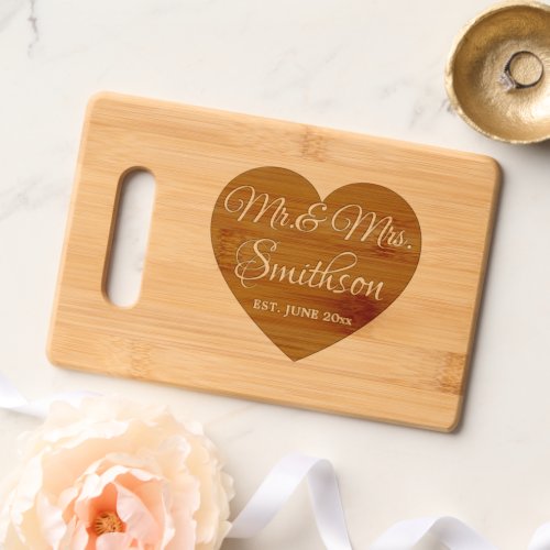 Wedding Script heart Custom surname Mr Mrs year Cutting Board