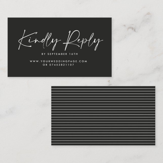 Wedding script modern black white elegant reply business card (Front/Back)
