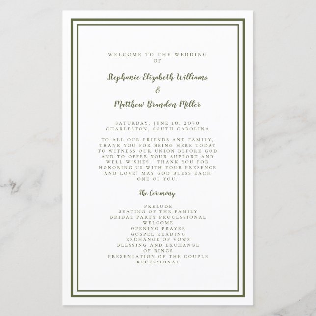 Wedding Script Modern Olive Green Ceremony Program (Front)