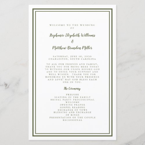 Wedding Script Modern Olive Green Ceremony Program