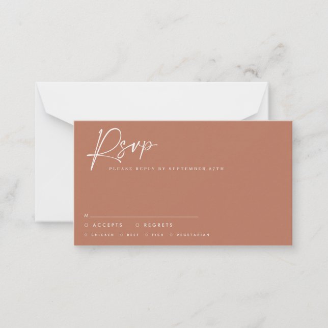 Wedding script modern script terracotta rsvp note card (Front)