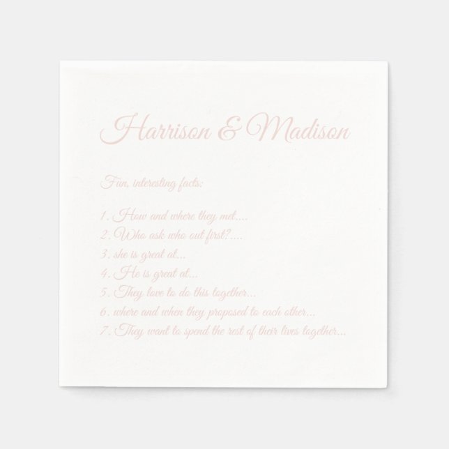 Wedding Script names Couple Fun Facts blush pink Napkins (Front)