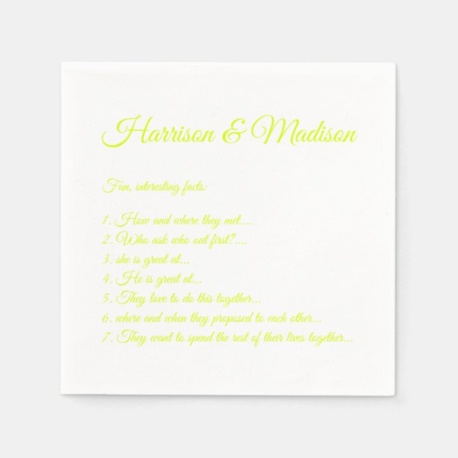 Wedding Script names Couple Fun Facts chartreuse Napkins (Front)