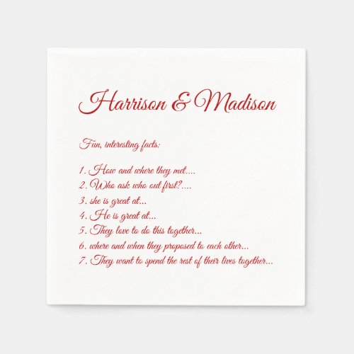 Wedding Script names Couple Fun Facts cherry red Napkins