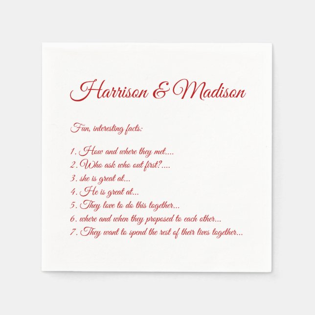 Wedding Script names Couple Fun Facts cherry red Napkins (Front)